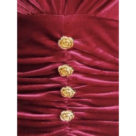 Burgundy/Deeper Red (Maroon) Button-Front Slit & Pleated Waist Dress - Elegant Winter Wedding Guest Gown, Party Evening Dress for Fall/Winter, Hand Washable Solid Color Formal Attire