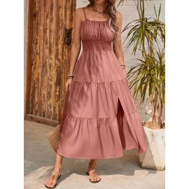 Elegant Mint Green Ruched Spaghetti Strap Maxi Dress for Women - Sleeveless, Cinched Waist, Flowy Vacation Style, Perfect for Spring/Summer, Spaghetti Suspender Dress