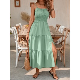 Elegant Mint Green Ruched Spaghetti Strap Maxi Dress for Women - Sleeveless, Cinched Waist, Flowy Vacation Style, Perfect for Spring/Summer, Spaghetti Suspender Dress
