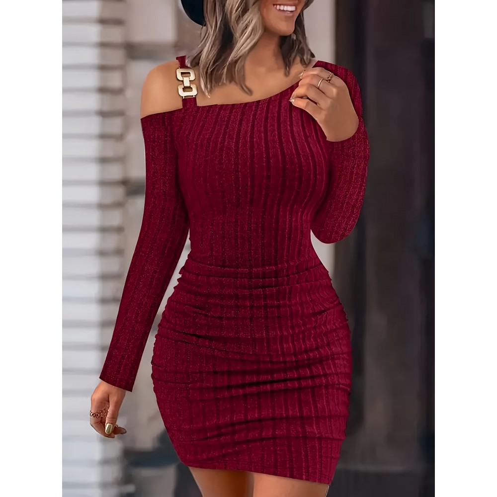 Women's Elegant Off-Shoulder Bodycon Dress - High Elasticity Stretch Fabric, Mid-Length Long Sleeve, Deep Red Solid Color, Machine Washable for Fall/Winter