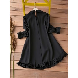 Women's Elegant Black -Line Dress with Collar & Ruffled Short Sleeves - Fitted Waist Short Length (bove Knee) Long Dress, Machine Washable -Season Formal/Casual Wear, Bow Tie Closure - Tailored for Weddings & Office ttire, Black Dresses For Women, Long Sleeve Dresses For Women, Dresses For Women Elegant Classy, Black Dresses For Women Elegant Classy, Fall Dresses For Women, High Neck Dress For Women, Blouse For Women, Party Dresses For Women, Dresses For Women Winter, Dresses