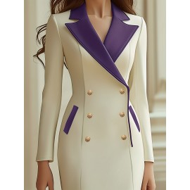 Cream-colored Double-breasted Mid-length Dress with Contrasting Collar and Color-blocking, Retro-Chic Style, Suitable for Spring/ Fall Office Workwear and Casual Outings