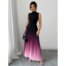Women'S Elegant Gradient Ombre Sleeveless Maxi Dress - High Neck A-Line Silhouette with Puff Sleeve Accent, Vibrant Purple-Pink-Purple Print, Lightweight Summer Formal & Semi-Formal Evening Gown for Beach Parties, Weddings