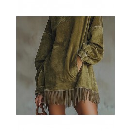 Bohemian Winter Dress with Suede Fringe Hem & Pockets - High Neck Long Sleeve Elegant Loose Fit Dress, 3D Tailored Silhouette for Weddings, Parties, Daily Wear - Machine Washable Autumn Dress