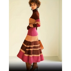 1pc Women's Deer Plush Three-Color Spliced Dress, High Neck Striped Fashion Casual Commuter Warm for Autumn and Winter