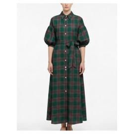 Women'S New Christmas Elements Green Red Plaid Long Casual Fashion Shirt Dress | Three Quarter Length Sleeve, V-neck, Vintage Style, All-season Wear