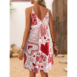 Holiday-themed New Spring/Summer Valentine's Day Heart Pattern Women's Dress with Spaghetti Straps