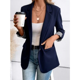 Women's Elegant Solid Black/White Lapel Blazer Jacket - Structured X-Line Single-Button Closure Work Suit Coat with Fake Pockets, Machine Washable Professional Office & Commuter Attire, Year-Round Tailored Outerwear