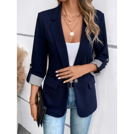 Women's Elegant Solid Black/White Lapel Blazer Jacket - Structured X-Line Single-Button Closure Work Suit Coat with Fake Pockets, Machine Washable Professional Office & Commuter Attire, Year-Round Tailored Outerwear