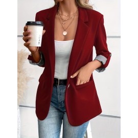 Women's Elegant Solid Black/White Lapel Blazer Jacket - Structured X-Line Single-Button Closure Work Suit Coat with Fake Pockets, Machine Washable Professional Office & Commuter Attire, Year-Round Tailored Outerwear