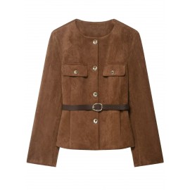 Women'S Belted Blazer | Round Neck Long Sleeve Jacket for Fall Office Wear, Chic, Single Breasted, Regular Fit