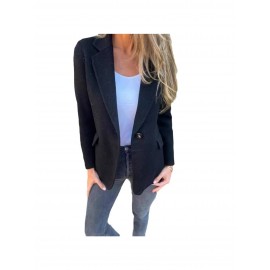 Elegant Lapel Button-Front Fake Pocket Suit Jacket - H-Line Regular Length Winter Coat, Machine Washable Solid Color Blazer for, Weddings & Semi-Formal Events