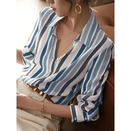 Women'S Casual Striped Long Sleeve Shirt - And Vertical Stripes, Lightweight, Classic Collar Design, Versatile for Spring/Summer/Fall