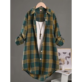 [Casual Plaid Shirt] Women's Casual Plaid Shirt - Thick Non-Stretch Fabric, Loose Fit Mid-Length Collar Single-Breasted Checkered Pattern, Machine Washable All-Season Top for Casual &, Formal Outfits, Versatile Clothing, Classic Design, Durable Material, Stylish Blouse