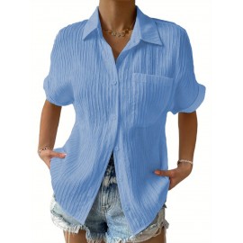 Women Short Sleeve Textured Shirts Solid Color Turn Collar Button Blouses Summer Loose Tops