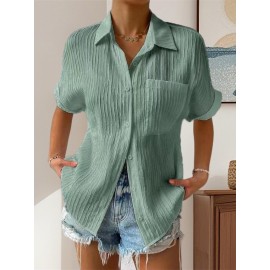 Women Short Sleeve Textured Shirts Solid Color Turn Collar Button Blouses Summer Loose Tops