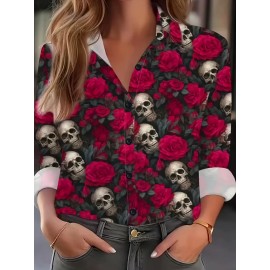Women'S Gothic Floral & Skull Print Blouse - Red Roses & Skulls on Red Background, All-Season Casual Shirt with Collar & Button Front, Non-stretch Fabric For Halloween, Parties, Everyday Outfits - Women'S Clothing, Halloween Clothes, Party Attire