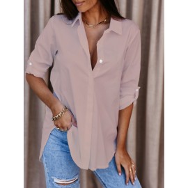 Women's Long Sleeve V-Neck Button Front Blouse - Solid Color Elegant Minimalist Shirt, Button- Collar Top for Office, Casual & Smart-Casual Wear, Spring/Autumn Daily Outfits (Hand Wash/Dry Clean) - Versatile Neutral Attire