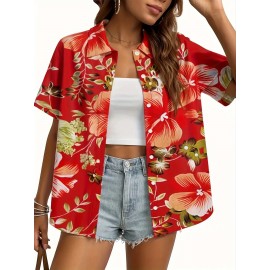 Women'S Tropical Floral Print Short Sleeve Button-Front Shirt - Vibrant Red with Orange, Green & White Hibiscus Flowers, Classic Collar, Machine Washable All-Season Casual & Hawaiian Style Blouse for Beach Outfits, Hawaiian Parties