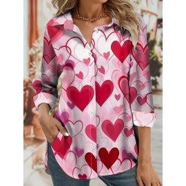 Women's Red Heart Print Lapel Button-Front Shirt Blouse - Valentine's Day Outfit, Spring Summer Casual & Dressy Tops, Machine Washable Resort Style Collar Shirt for Beach Vacations & Romantic Events
