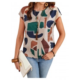 Women's Elegant Geometric Print Short Sleeve Blouse - Breathable Summer Fabric, Regular Fit Round Neck Top for Casual, Office & Casual Attire, Casual Summer Outfit, Smooth Texture Fabric