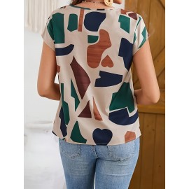 Women's Elegant Geometric Print Short Sleeve Blouse - Breathable Summer Fabric, Regular Fit Round Neck Top for Casual, Office & Casual Attire, Casual Summer Outfit, Smooth Texture Fabric