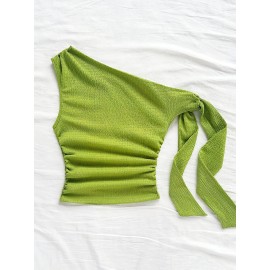 Women's Elegant Blouse with Asymmetric One-Shoulder Neckline & Ruffled Hem - Slim Fit Top, Medium Stretch Solid Color Shirts for Year-Round Wear, Machine Washable for, Semi-Formal or Party Outfits