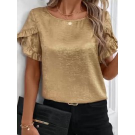 [Elegant Blouse] Elegant Golden Foil Women's Blouse | Round Neck Short Sleeve Summer Shirt, Machine Washable Solid Color Top for Casual & Formal Occasions, Ruched Shoulder Design, Lightweight Fabric