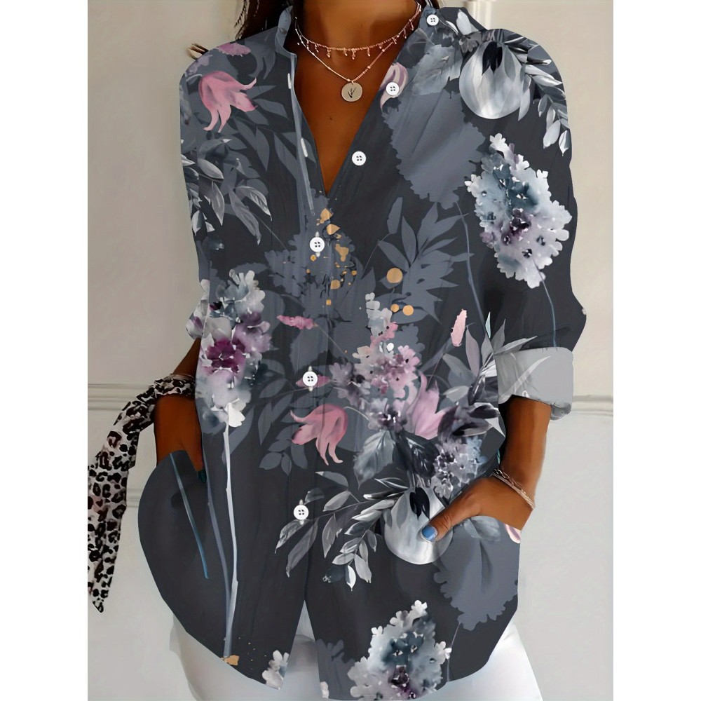 Women'S Plus-Size Elegant Asian-Inspired Floral Print Long-Sleeve Lapel Collar Blouse - Soft Breathable Fabric, Waist-Cinching & Button-Up Top with Umbrella Hem, All-Season Casual & Formal Shirt in Deep Gray Tones (Pink/White/Black) - Perfect Christ