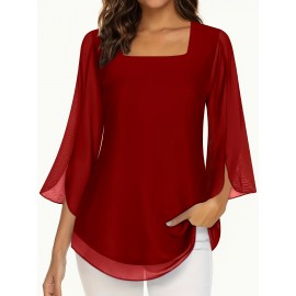 Women's Elegant Royal Blue Blouse - Non-See-Through Chic Chic Office to Party Top, Machine Washable Chiffon Shirt for Women Q293, Summer Wardrobe Essential, Flared Sleeves, Stylish Detailing, Fashionable Top, Trendy Outfit