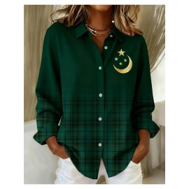 Women's Vintage Plaid Button- Shirt - Ruffle Collar Blouse, Loose Fit Casual Long Sleeve Top with Plaid Patterns (///Navy), Machine Washable for Autumn Winter Office & Casual Attire