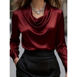 [Solid Color Versatile] Elegant Women's Long Sleeve Blouse - Soft Wrinkle-Resistant, Button-Front, Round Neck & Collar, All-Season Office Shirt