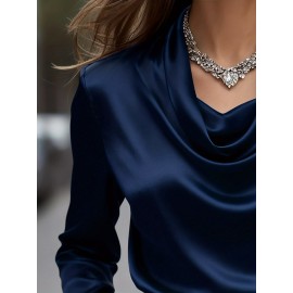 [Solid Color Versatile] Elegant Women's Long Sleeve Blouse - Soft Wrinkle-Resistant, Button-Front, Round Neck & Collar, All-Season Office Shirt