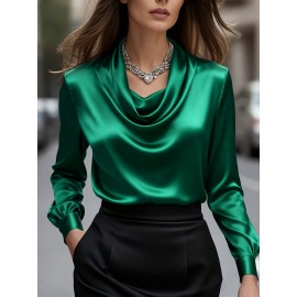 [Solid Color Versatile] Elegant Women's Long Sleeve Blouse - Soft Wrinkle-Resistant, Button-Front, Round Neck & Collar, All-Season Office Shirt