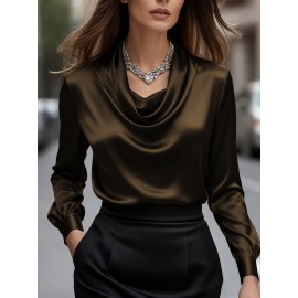 [Solid Color Versatile] Elegant Women's Long Sleeve Blouse - Soft Wrinkle-Resistant, Button-Front, Round Neck & Collar, All-Season Office Shirt