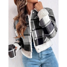 Vintage Corduroy Jacket with Faux Trim - Plaid Lapel Collar Short Coat, Workwear Lapel Pocket & Button Closure, Machine Washable Winter Outerwear (Brown/Beige) - Casual to Smart Casual Coat