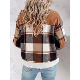 Vintage Corduroy Jacket with Faux Trim - Plaid Lapel Collar Short Coat, Workwear Lapel Pocket & Button Closure, Machine Washable Winter Outerwear (Brown/Beige) - Casual to Smart Casual Coat