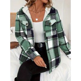 Women's -Lined Plaid Shirt Jacket - Warm Thick Winter Coat with Button Front Closure, Longline Fall Outerwear, Machine Washable Casual Blouse for Christmas & Cold Weather