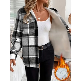 Women's -Lined Plaid Shirt Jacket - Warm Thick Winter Coat with Button Front Closure, Longline Fall Outerwear, Machine Washable Casual Blouse for Christmas & Cold Weather