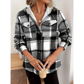 Women's -Lined Plaid Shirt Jacket - Warm Thick Winter Coat with Button Front Closure, Longline Fall Outerwear, Machine Washable Casual Blouse for Christmas & Cold Weather