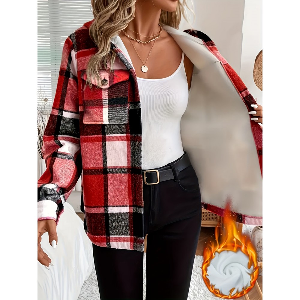 Women's -Lined Plaid Shirt Jacket - Warm Thick Winter Coat with Button Front Closure, Longline Fall Outerwear, Machine Washable Casual Blouse for Christmas & Cold Weather
