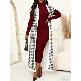Women's Elegant Houndstooth Print Cardigan Vest - Oversized Collar Long Sleeveless Jacket, Black/White/Yellow/Beige, Fall Winter Warm Coat, Machine Washable Blazer for Casual & Formal Wear