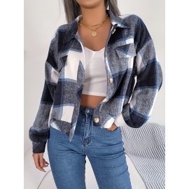 Women's Elegant Structured Jacket - Plaid Checkered Coat (Red/White/Tan) with Classic Collar & Chest Pocket Button Closure, Machine Washable Long Sleeve Blazer for Office, Casual or Formal Wear - Spring/Autumn Outerwear