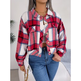Women's Elegant Structured Jacket - Plaid Checkered Coat (Red/White/Tan) with Classic Collar & Chest Pocket Button Closure, Machine Washable Long Sleeve Blazer for Office, Casual or Formal Wear - Spring/Autumn Outerwear