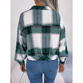 Women's Elegant Structured Jacket - Plaid Checkered Coat (Red/White/Tan) with Classic Collar & Chest Pocket Button Closure, Machine Washable Long Sleeve Blazer for Office, Casual or Formal Wear - Spring/Autumn Outerwear