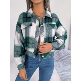 Women's Elegant Structured Jacket - Plaid Checkered Coat (Red/White/Tan) with Classic Collar & Chest Pocket Button Closure, Machine Washable Long Sleeve Blazer for Office, Casual or Formal Wear - Spring/Autumn Outerwear