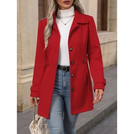 Women'S Elegant Slim-Fit Mid-Length Coat - Lapel Collar Button Front Closure, Vibrant Red Winter Warm Coat with Belt, Structured Tailored Design for Casual & Formal Outfits, Versatile Outerwear for Fall and Winter Seasons, Elegant Coat for Women
