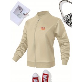 Women's Turkey Squad Graphic Zip-Up Jacket - Black Casual Slim Fit Stand Collar Coat with Pockets, Machine Washable Fall Winter Outerwear