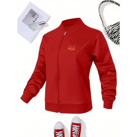 Women's Turkey Squad Graphic Zip-Up Jacket - Black Casual Slim Fit Stand Collar Coat with Pockets, Machine Washable Fall Winter Outerwear