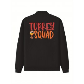 Women's Turkey Squad Graphic Zip-Up Jacket - Black Casual Slim Fit Stand Collar Coat with Pockets, Machine Washable Fall Winter Outerwear